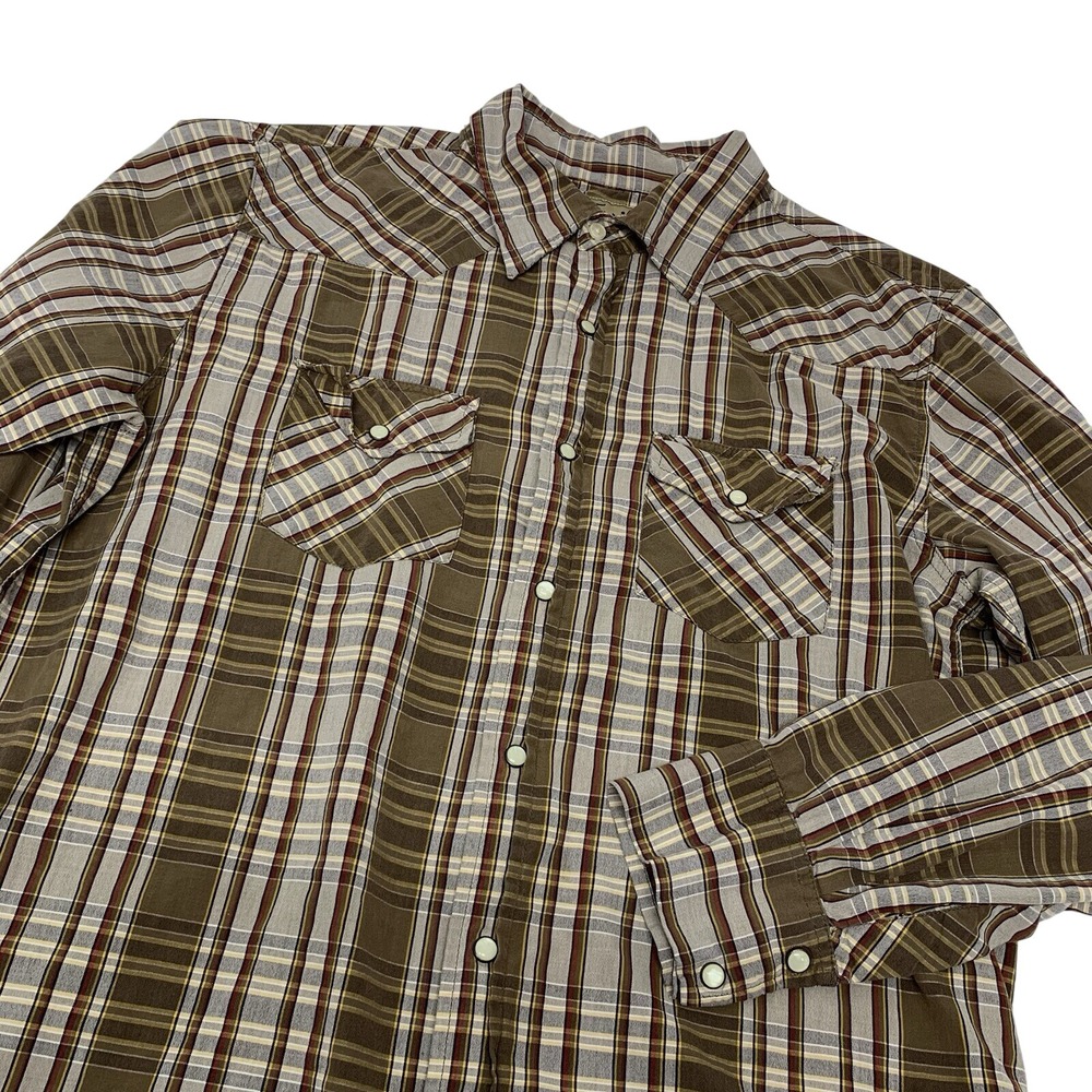 Fossil Western Pearl Snap Brown‎ Plaid  Shirt Men Large 100% Cotton Long Sleeve